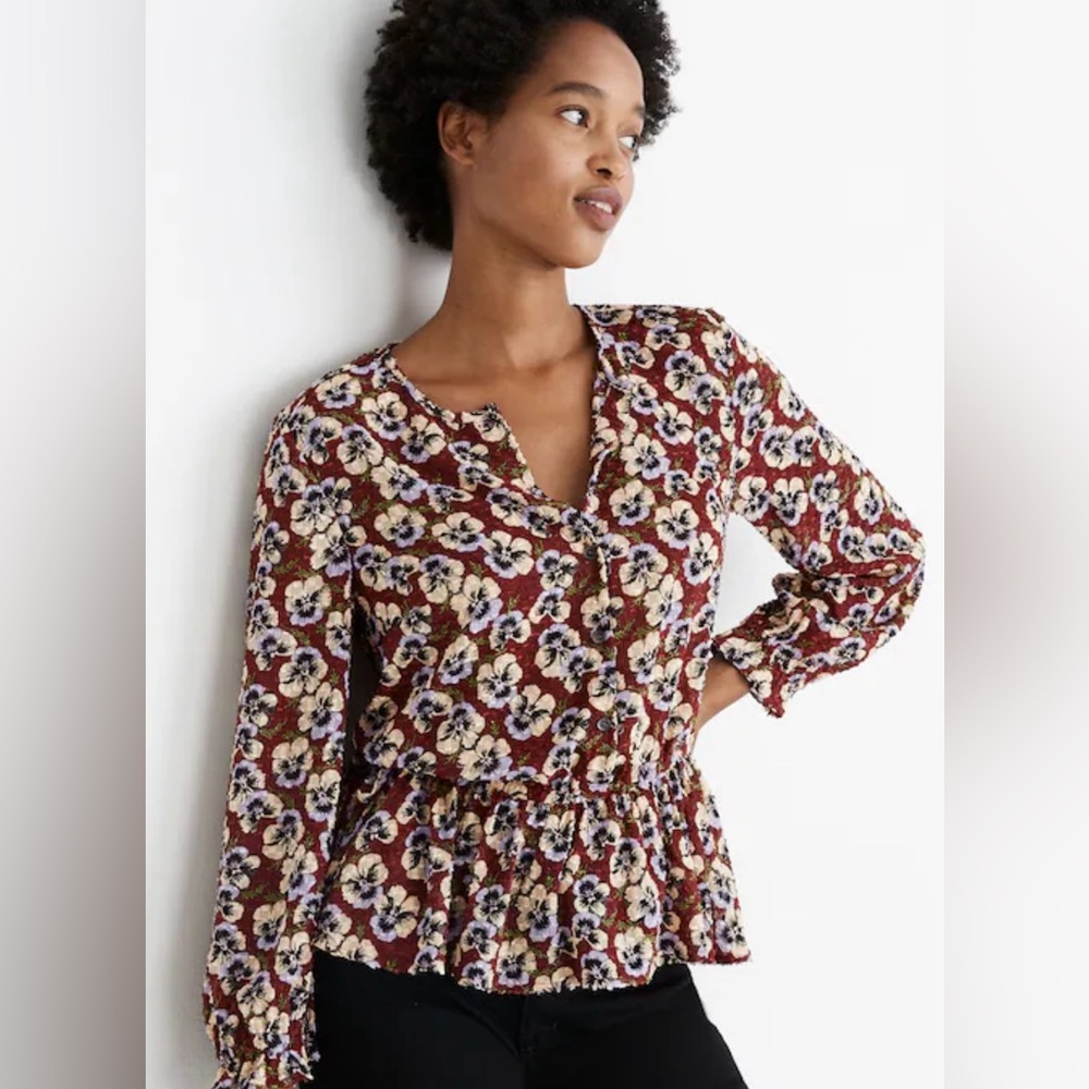 Madewell Drawstring Ruffle-Hem Top in Viola Floral size S